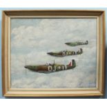 David Holmes (20th century), Three Spitfires flying in formation, signed, oil on board, 44x54cm