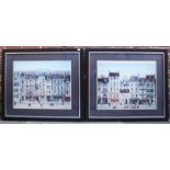 After Michel Delacroix, two Parisian street scenes with tall buildings, colour prints, framed