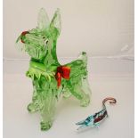 A Murano green glass model of a Scottie Dog, together with a glass crocodile