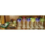 An assortment of mixed glassware including a large, ornate blue glass bowl, together with a