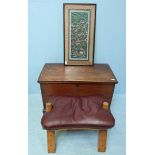 An early 20th century stained oak coffer and a folding wooden stool with burgundy leather cushion