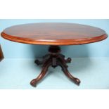 A Victorian mahogany oval tilt-top table, raised on a turned central support to four scrolled and
