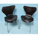 Five brown-stained beech laminate 'Ant Chairs' by Fritz Hansen after Arne Jacobsen, (as found with