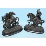 A pair of 19th century patinated spelter figures of a mounted Saracen and Crusader, on oval ebonised