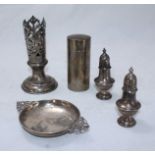 An assortment of mixed silver items including a shaving pot, a pierced vase stand (lacking glass