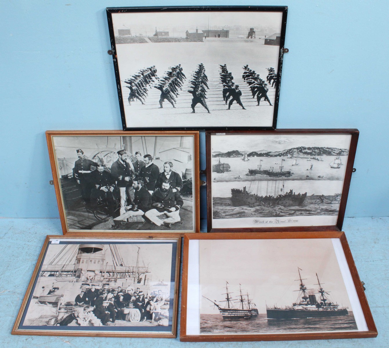 Five monochrome photographs depicting late 19th and early 20th century naval scenes. 51 x 40cm.