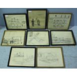 Eight mid-20th century original hand-drawn pencil cartoons of Navy and Army themes, signed and dated