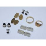 A 9ct gold signet ring, wedding ring and pair of cufflinks, 13.96g, together with a set of silver