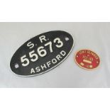 Railway Interest: An oval painted cast iron sign 'S.R. 55673 Ashford,' 34x19cm, together with a