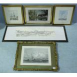 Three framed prints of local interest including HMS Victory, Spinnaker Tower and the Camber dock,