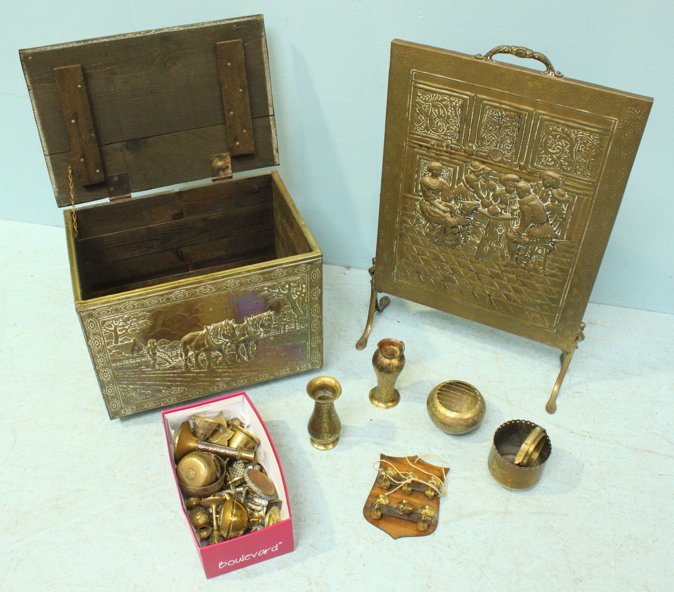 A quantity of assorted brass ware, including a coal box and fire-screen, together with various other