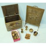 A quantity of assorted brass ware, including a coal box and fire-screen, together with various other