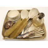 A five-piece silver brush and mirror set, together with two various silver-topped glass toiletry