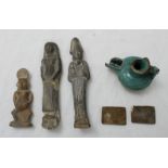 Two Egyptian carved stone Ushabti figures, 19cm high (one with old repairs), together with another