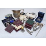 A collection of assorted silver and white metal items and collectables including a letter opener,