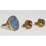 A 9ct gold opal doublet ring. Gross weight approximately 3.7g, together with a pair of 9ct gold