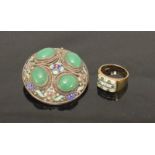 A 9ct gold signet ring set with white and emerald coloured stones, gross weight approximately 3.