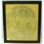 A hand stitched coloured silk-thread sampler, of oval form, depicting England and Wales with the