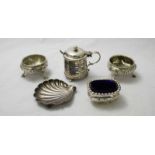 A small collection of silver items including a pair of open salts, a shell dish and a mustard with