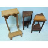 A pair of stained hardwood two-tier low corner tables together with a oak prayer table (3)