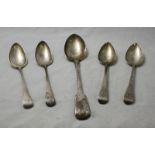 A Georgian silver fiddle pattern serving spoon, together with four various Georgian silver table