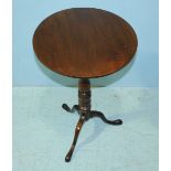 A 19th century stained oak tripod table with later stained walnut circular tilt-top, 46cm diam.