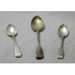 A Victorian silver fiddle pattern table spoon, together with two Victorian silver fiddle pattern