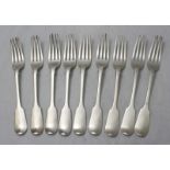 Nine Victorian silver fiddle pattern table forks by Chawner & Co. gross weight approximately 24.