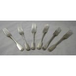 Six silver fiddle pattern dessert forks including some Victorian and some Georgian examples. Gross