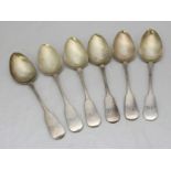 Six Georgian silver fiddle pattern table spoons by John, Henry & Charles Lias, hallmarked London