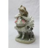 A Lladro figurine of a seated girl in a cream dress, holding a basket of flowers next to a dog