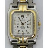 A ladies Tudor 'Le Royer' quartz wristwatch. The rectangular white dial with Roman numerals and