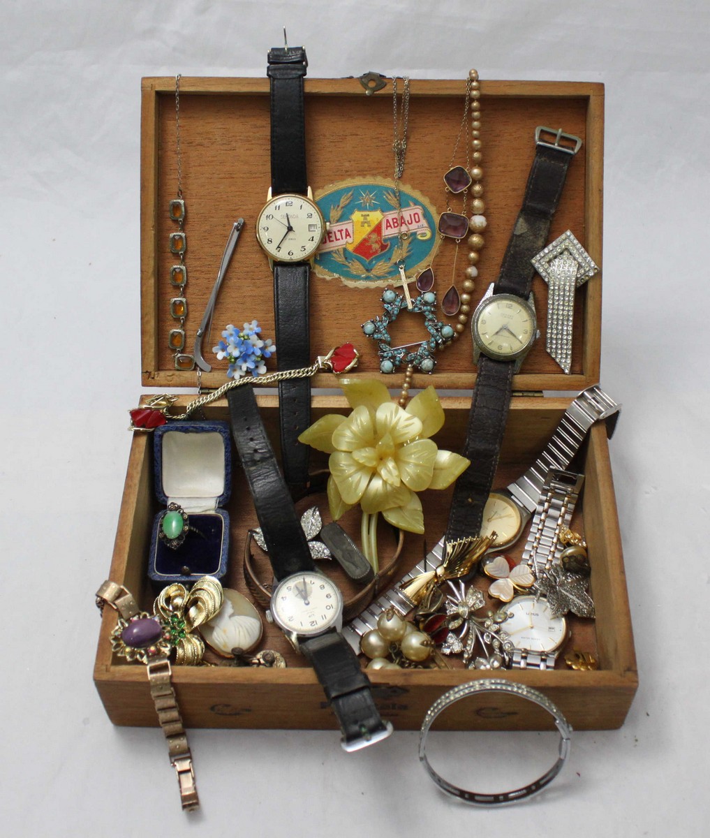 A quantity of costume jewellery and watches including Hermes, Mesieter-Anker etc. in a wooden