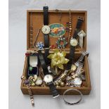 A quantity of costume jewellery and watches including Hermes, Mesieter-Anker etc. in a wooden