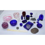 A quantity of mixed glass including scent bottles, bowls, candlesticks, ivory page turner, cap