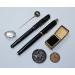 Two vintage Parker pens, silver pill box, micro-mosaic stock-pin WW1 War Medal to DVR J.G. Webb R.A.