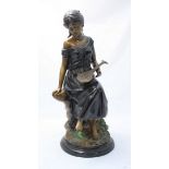 A patinated and painted bronze figure of a seated lady with a mandolin, approximately 47cm high