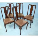 A harlequin set of five standard dining chairs with central back splats, brown fabric upholstered
