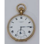 A 9ct gold open-faced pocket watch by J.W.Benson, the white enamel dial with Roman numerals denoting