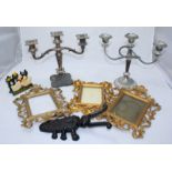Metalware including three gilt metal insect picture frames cast with scrolling acanthus, a cast