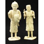 Two Japanese Meiji Period Carved Ivory and bone Okimono figures, a man holding leaves in right
