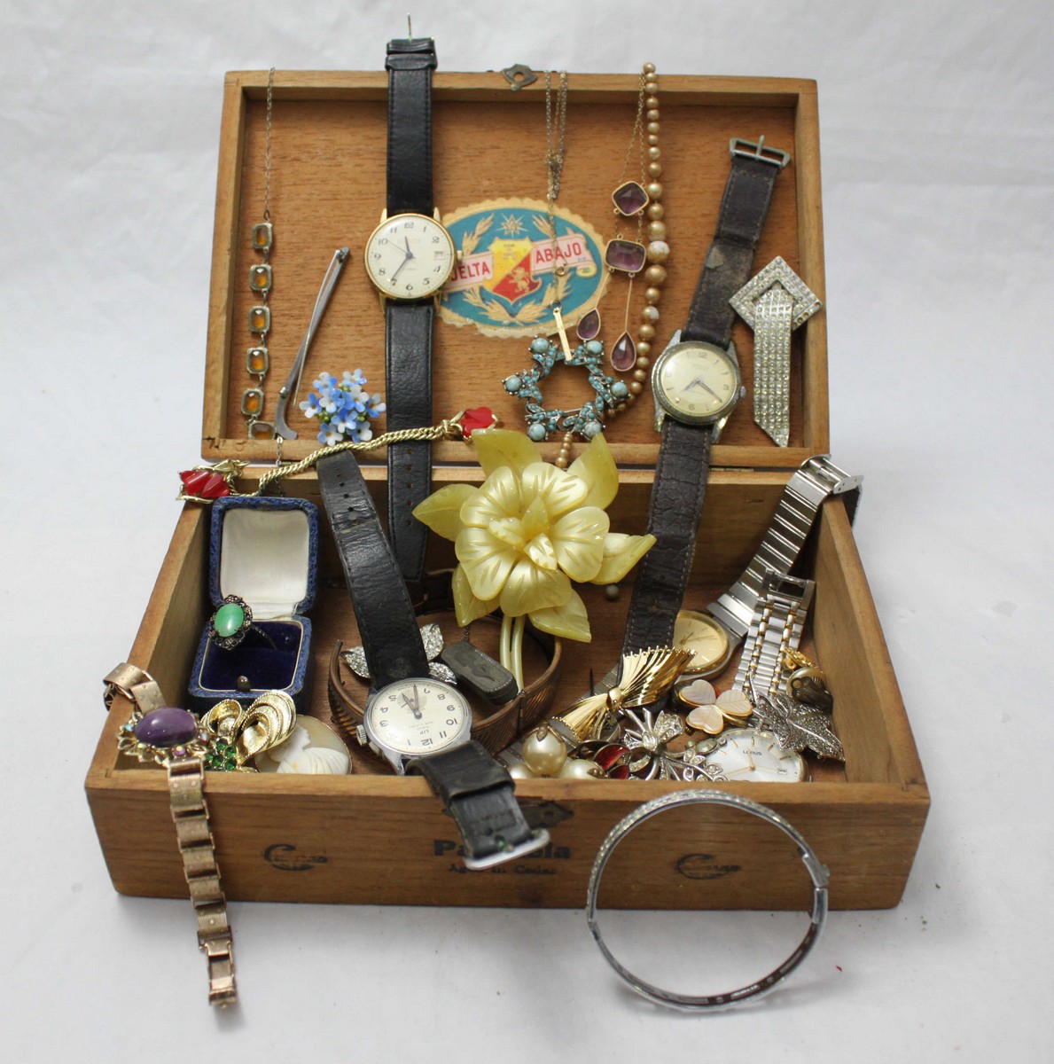 A quantity of costume jewellery and watches including Hermes, Mesieter-Anker etc. in a wooden - Image 2 of 2