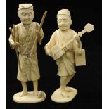 Two Japanese Meiji Period Carved Ivory and bone Okimono figures, a musician playing a Shamisen