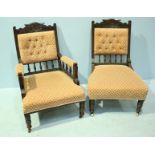 An Edwardian stained-wood nursing chair and matching armchair, with trellis-pattern deep-button