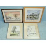 A selection of various watercolours including a snowy mountain landscape scene by 'W M. E.