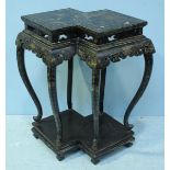 A Japanese lacquer double jardiniere stand, the top depicting a scene of a mountainous landscape,
