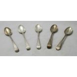 Five Georgian silver dessert spoons with bright-cut decoration, hallmarked London 1770. Bares makers