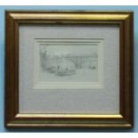W L Wyllie (1851-1931) Study of barges and London Bridge. Unsigned pencil sketch. Mounted, glazed