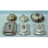 Six various silver-plated tureens and covers, including a pair with detachable handles.