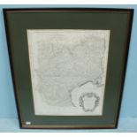 A framed hand coloured engraved map of France, 'Carte de Gouvernements De Languedoc, De Foix'